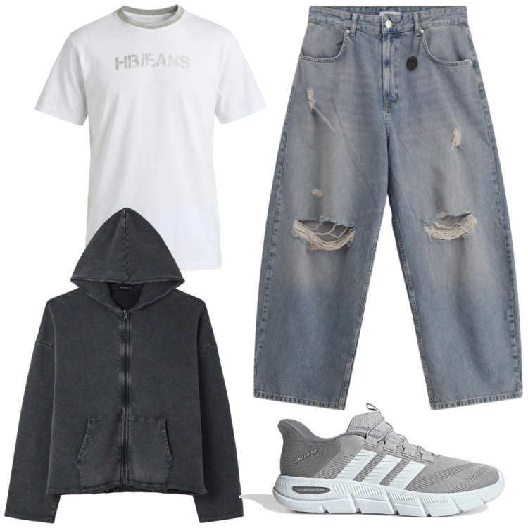 Outfit uomo - G. Giorno di pioggia. Stile Urban per Tutti i giorni. Abbinamento con felpe con cappuccio, jeans strappati, t-shirt, sneakers.