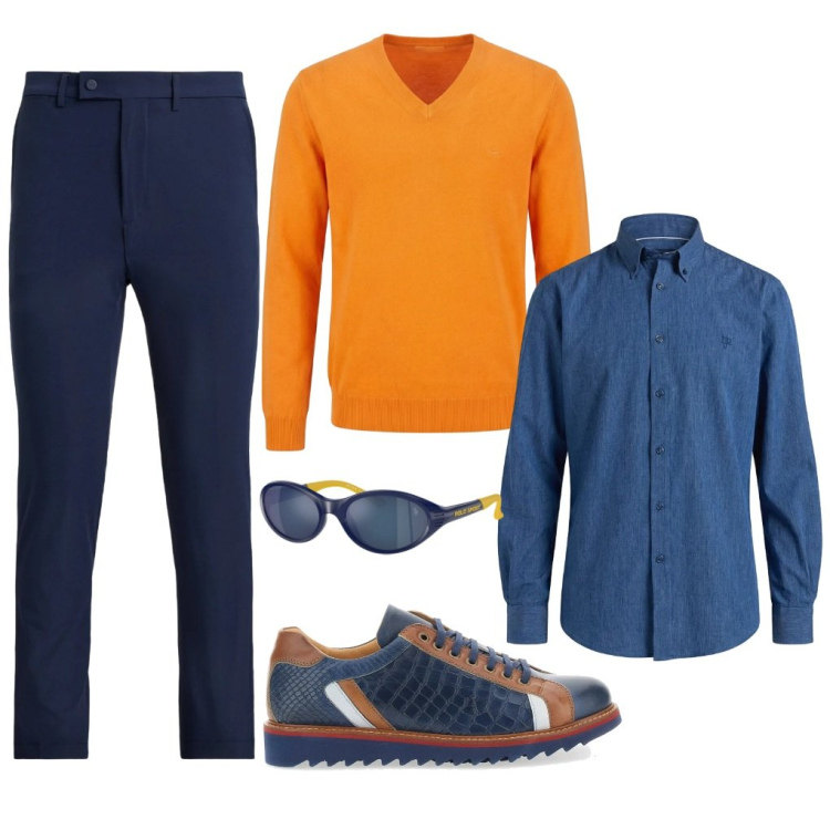 Outfit uomo - G. Ufficio a colori.. Stile Casual per Ufficio. Abbinamento con pullovers, camicie, pantaloni, occhiali da sole, scarpe stringate.