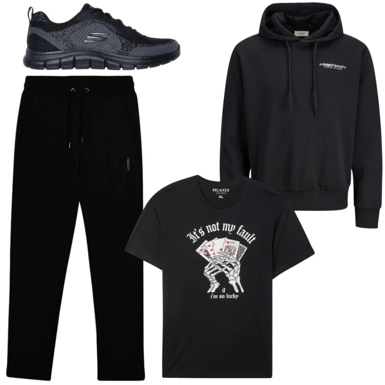 Outfit uomo - G. La pecora nera. Stile Biker Rock per Tutti i giorni. Abbinamento con felpe con cappuccio, t-shirt, pantaloni, sneakers.