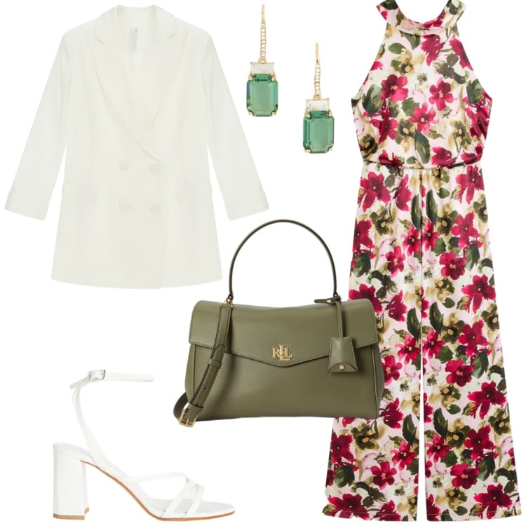 Outfit donna - Total look #2412433. Stile Chic per Cerimonia. Abbinamento con tute, blazer, sandali in pelle, borse a mano, orecchini.