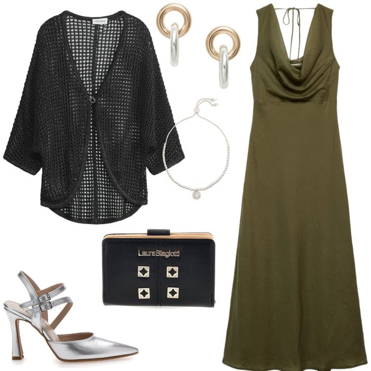 Outfit donna - L\'abito per una serata d\'estate. Stile Trendy per Serata fuori. Abbinamento con cardigans, vestiti lunghi, orecchini, braccialetti, décolleté, portafogli.