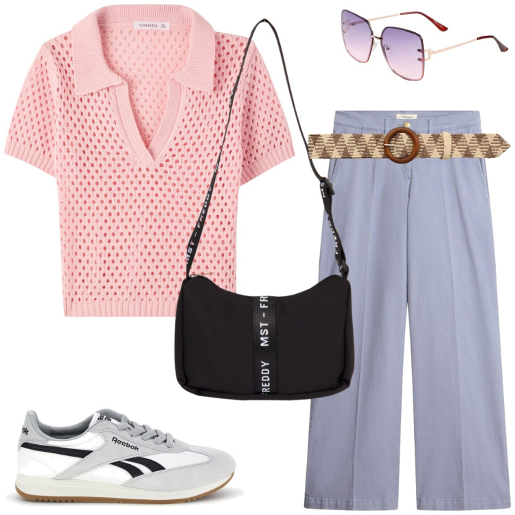 Outfit donna - Un look casual. Stile Casual per Tutti i giorni. Abbinamento con pantaloni, occhiali da sole, polo, cinture, borse a tracolla, sneakers.