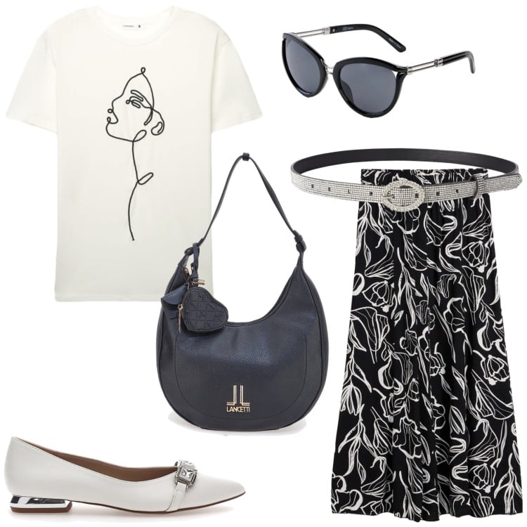 Outfit donna - Apericena. Stile Glamour per Serata fuori. Abbinamento con gonne lunghe, occhiali da sole, t-shirt, cinture, ballerine, borse a spalla.