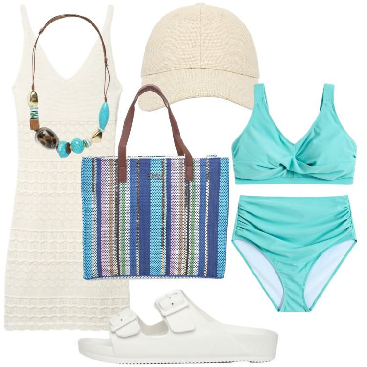 Outfit donna - Chic marino. Stile Basic per Mare. Abbinamento con bikini, cappelli con visiera, ciabatte, vestiti corti, collane, shopping bag.