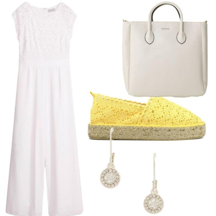 Outfit donna - Mood vacanziero. Stile Casual chic per Tutti i giorni. Abbinamento con tute, borse a tracolla, orecchini, espadrillas.