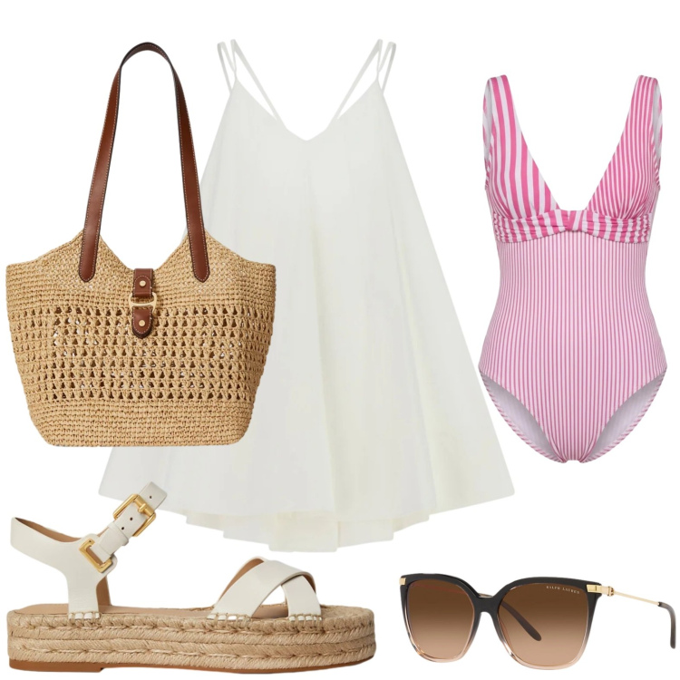 Outfit donna - Vibes marine. Stile Minimal per Mare. Abbinamento con vestiti corti, costumi interi, espadrillas, occhiali da sole, borse tote.