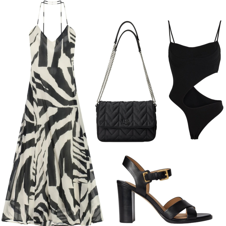 Outfit donna - Chic estivo. Stile Chic per Serata fuori. Abbinamento con body, vestiti lunghi, sandali in pelle, borse a tracolla.