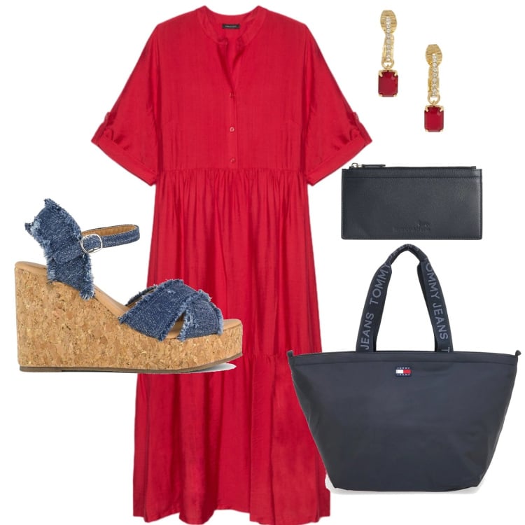 Outfit donna - Fascino estivo. Stile Casual per Tutti i giorni. Abbinamento con portafogli, vestiti lunghi, orecchini, zeppe, borse tote.