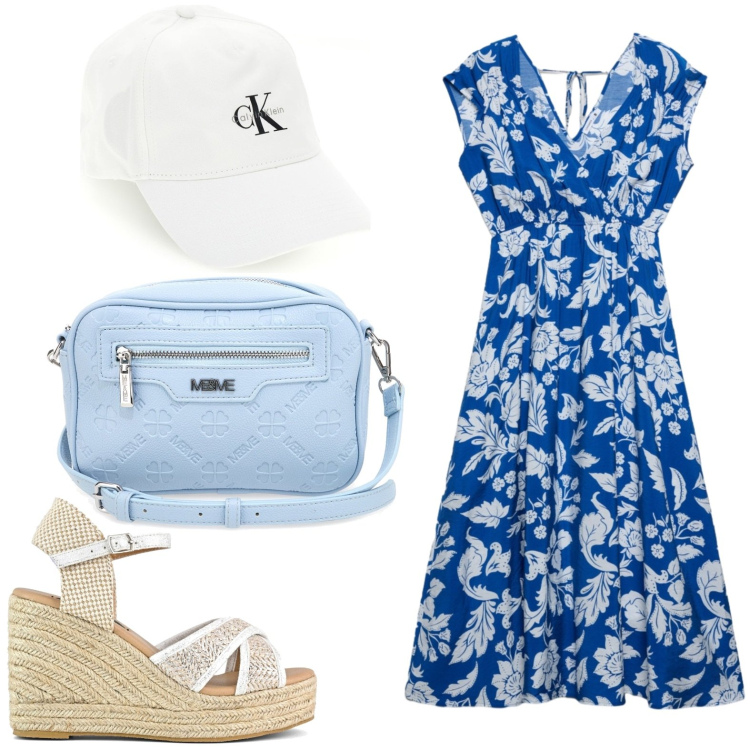 Outfit donna - Raffinata in vacanza. Stile Trendy per Tutti i giorni. Abbinamento con vestiti midi/longuette, zeppe, borse a tracolla, cappelli con visiera.