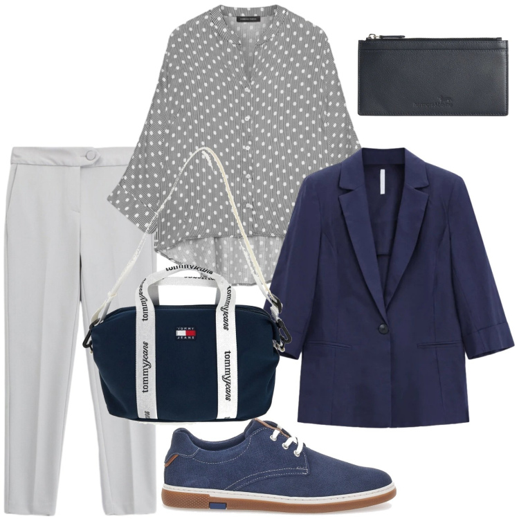 Outfit donna - Tendenza ufficio. Stile Casual per Ufficio. Abbinamento con pantaloni, blazer, portafogli, camicie, scarpe stringate, shopping bag.