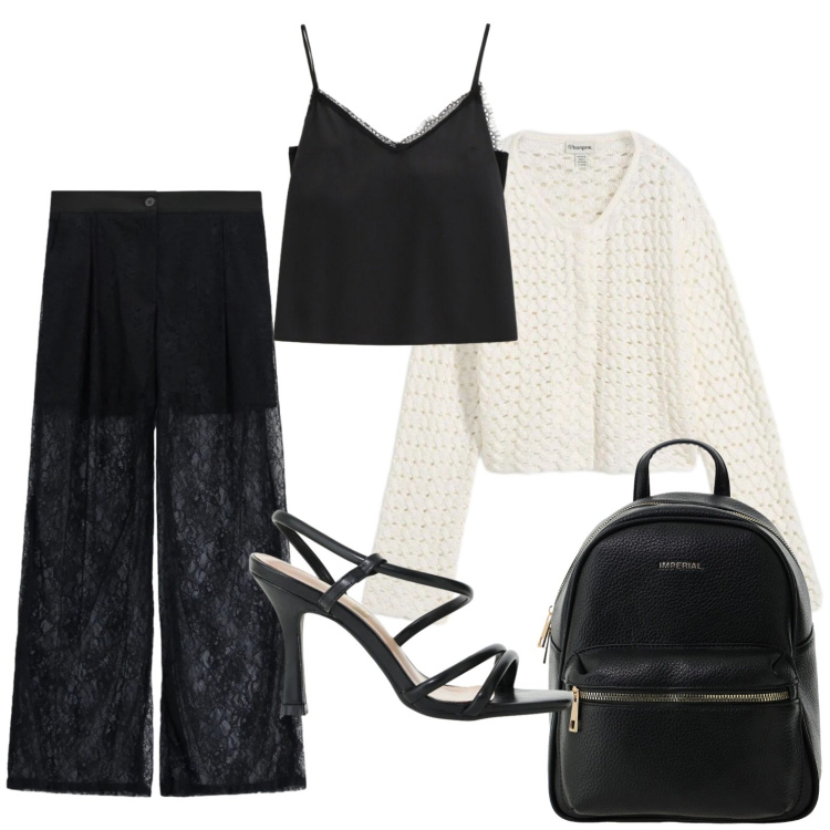 Outfit donna - Touch white. Stile Trendy per Tutti i giorni. Abbinamento con cardigans, canottiere, zaini, sandali col tacco, pantaloni a palazzo.