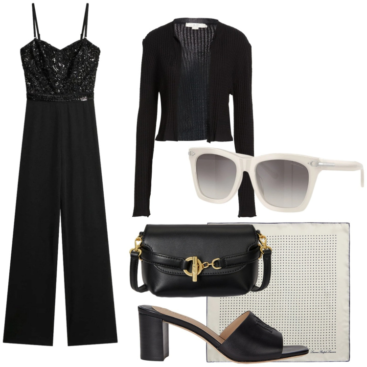 Outfit donna - Nero elegante. Stile Chic per Serata fuori. Abbinamento con cardigans, tute, foulard, occhiali da sole, sandali in pelle, borse a tracolla.