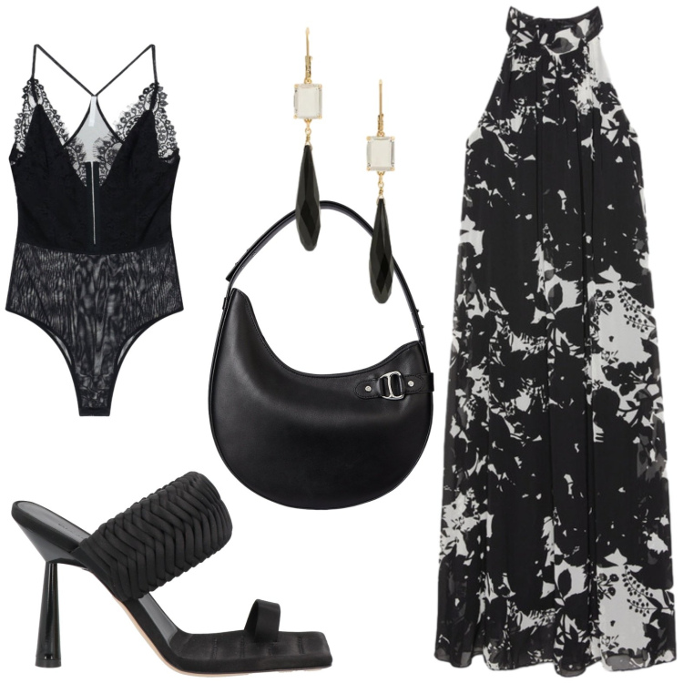 Outfit donna - Eleganza notturna. Stile Chic per Serata fuori. Abbinamento con ciabatte, body, vestiti lunghi, borse a spalla, orecchini.