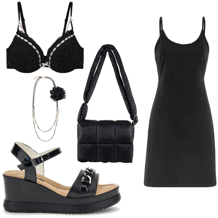 Outfit donna - Stile notturno. Stile Urban per Serata fuori. Abbinamento con vestiti, reggiseni push-up, collane, borse a spalla, zeppe.