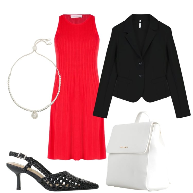 Outfit donna - Look executive. Stile Urban per Ufficio. Abbinamento con zaini, vestiti senza maniche, décolleté, blazer, braccialetti.