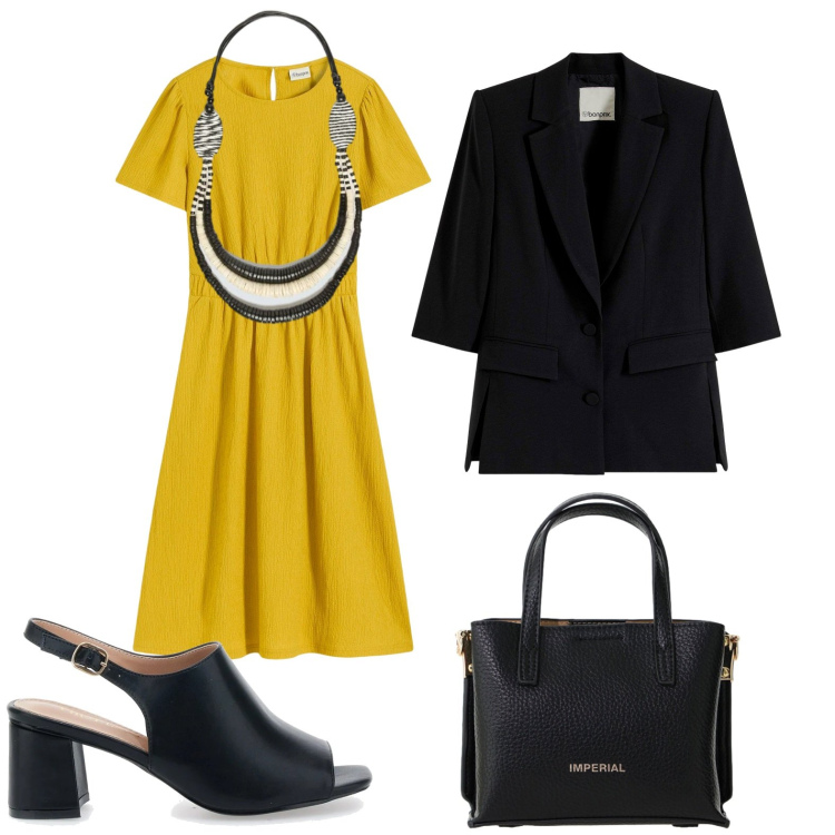 Outfit donna - Chic lavoratovo. Stile Chic per Ufficio. Abbinamento con vestiti, blazer, borse a tracolla, collane, sandali col tacco.
