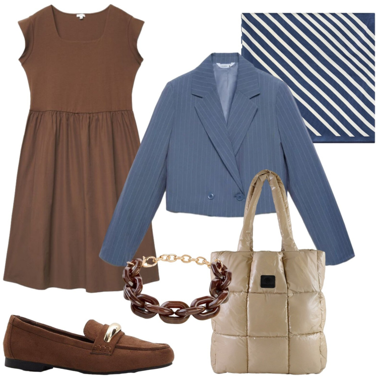 Outfit donna - Business casual. Stile Casual chic per Ufficio. Abbinamento con mocassini, braccialetti, vestiti corti, blazer, foulard, shopping bag.