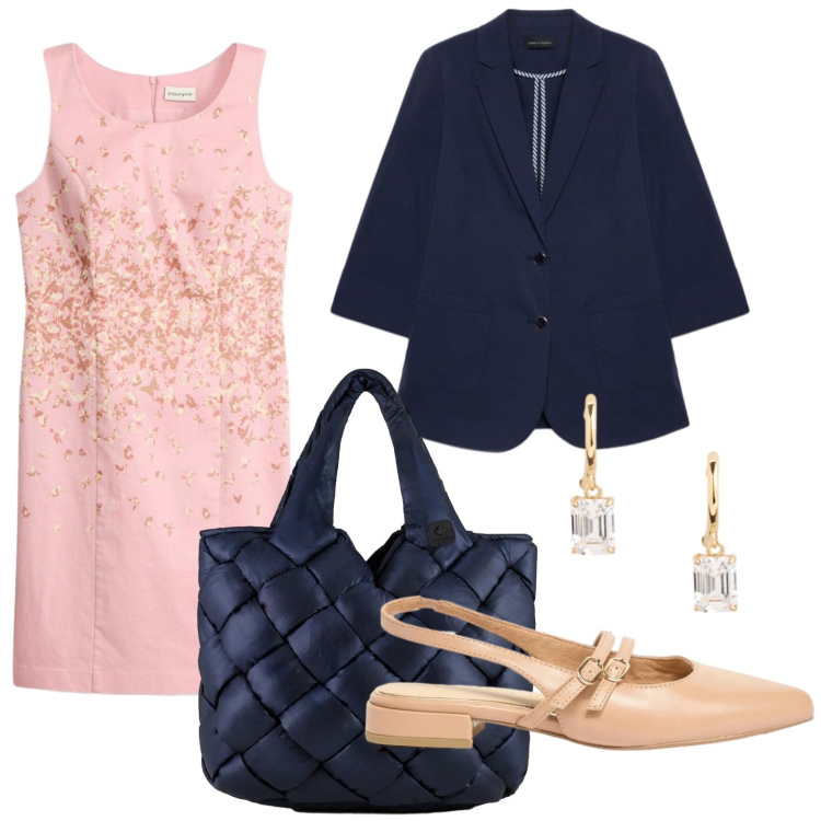 Outfit donna - Riunione aziendale. Stile Chic per Ufficio. Abbinamento con vestiti a tubino, ballerine, blazer, orecchini, borse tote.