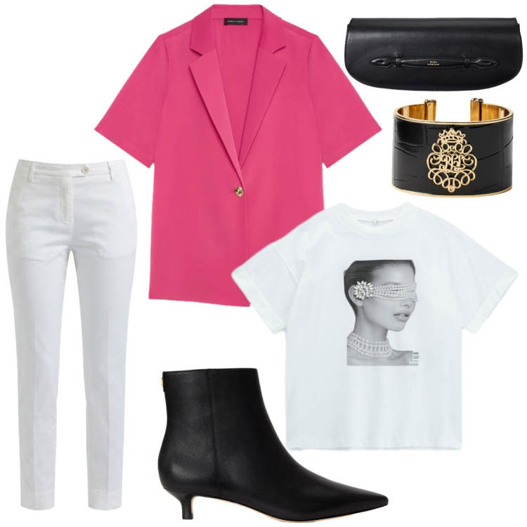 Outfit donna - Un blazer colorato. Stile Rock per Tutti i giorni. Abbinamento con t-shirt, pantaloni, blazer, stivaletti, clutch, braccialetti.