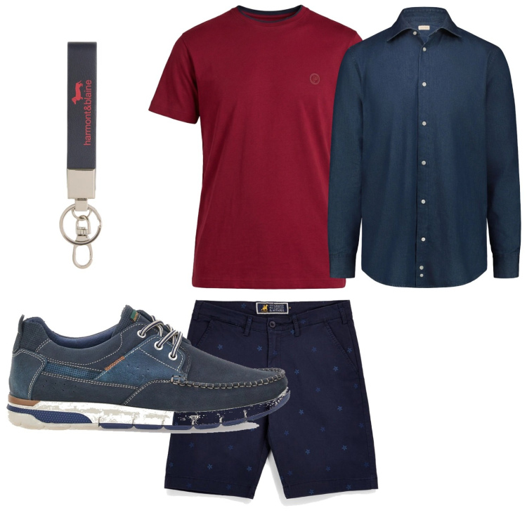 Outfit uomo - Sportivo leggero. Stile Trendy per Tutti i giorni. Abbinamento con portachiavi, t-shirt, scarpe stringate, camicie, bermuda.