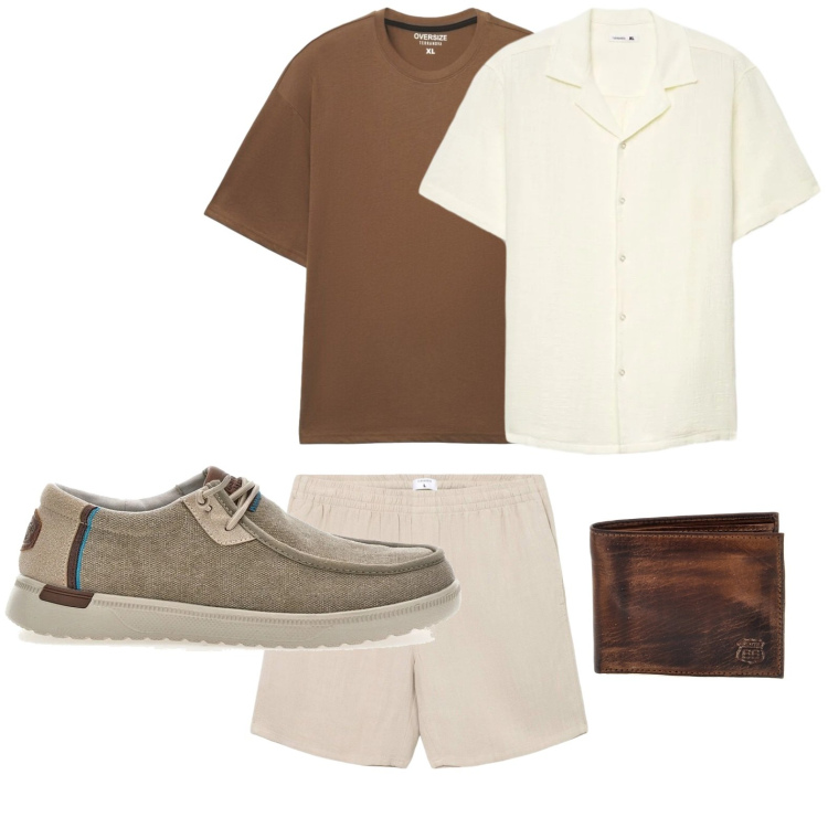 Outfit uomo - Disinvolto moderno. Stile Trendy per Tutti i giorni. Abbinamento con camicie a manica corta, pantaloni corti, t-shirt, scarpe stringate, portafogli.