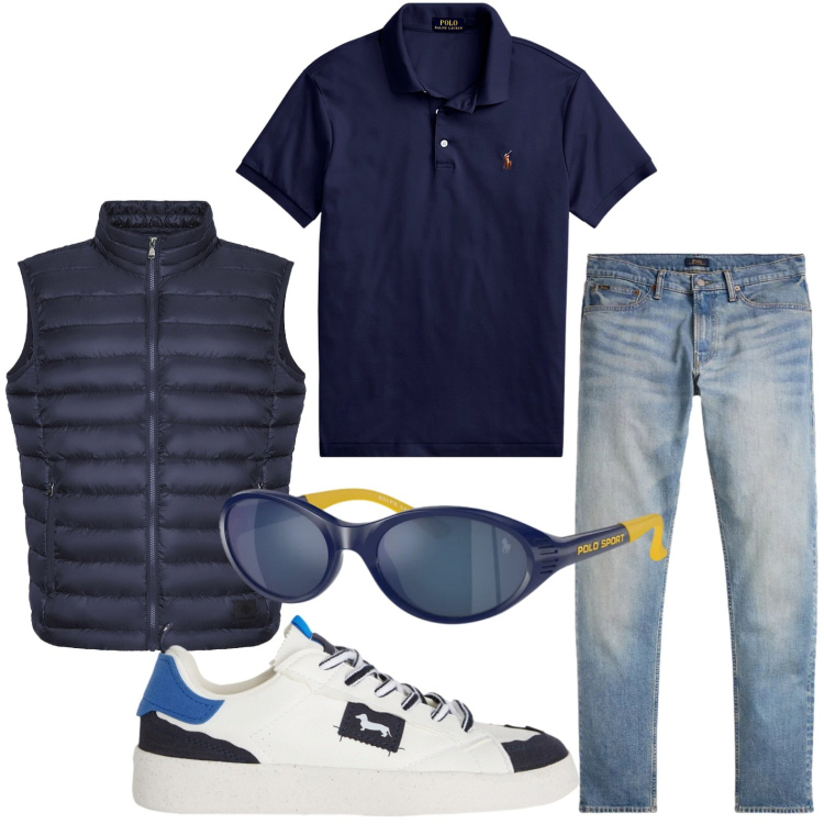 Outfit uomo - Estivo pratico. Stile Casual per Tutti i giorni. Abbinamento con sneakers, polo, jeans, occhiali da sole, piumini.