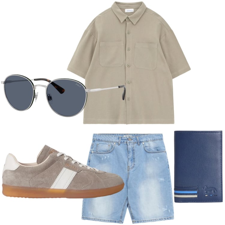 Outfit uomo - Relax urbano. Stile Casual per Tutti i giorni. Abbinamento con camicie a manica corta, bermuda, portafogli, occhiali da sole, sneakers.