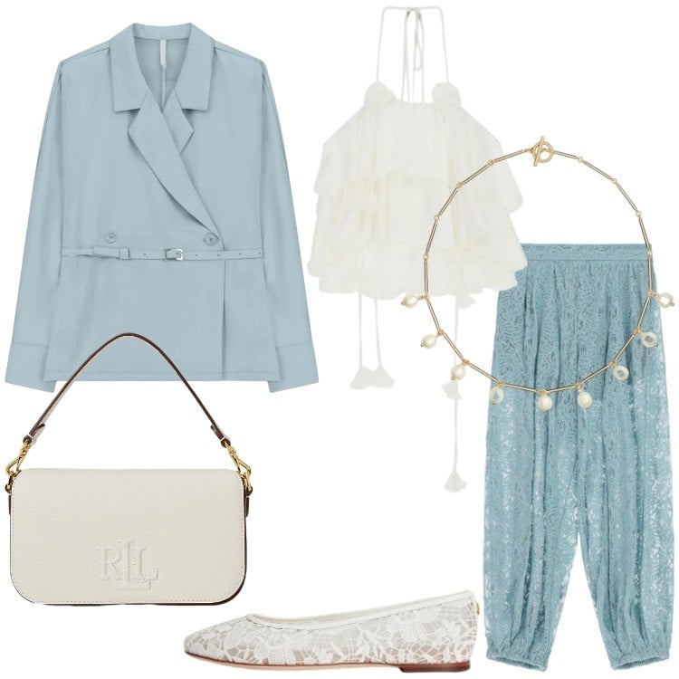 Outfit donna - Seafoam Blue. Stile Romantica per Serata fuori. Abbinamento con pantaloni a palazzo, blazer, top, collane, ballerine, borse a spalla.