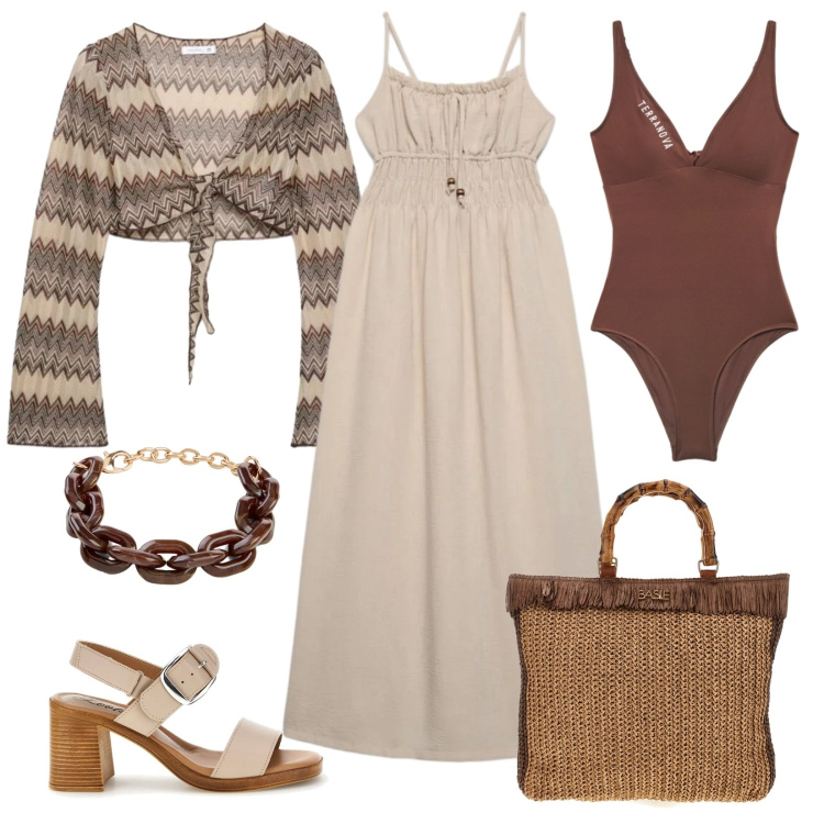Outfit donna - Costume intero. Stile Casual per Tutti i giorni. Abbinamento con costumi interi, blazer, vestiti lunghi, sandali col tacco, braccialetti, borse a mano.