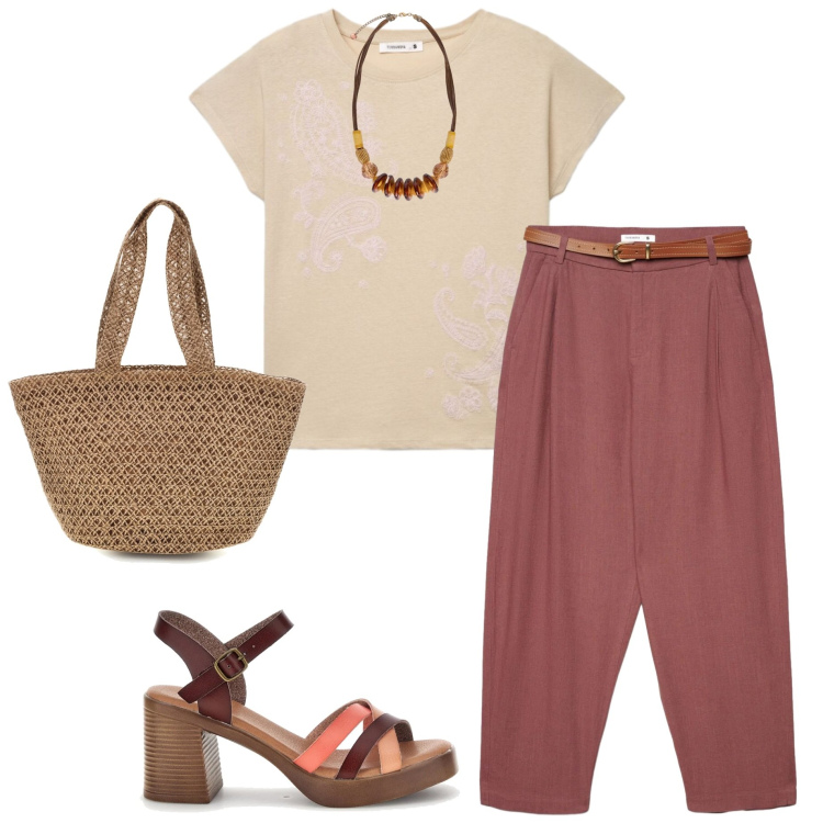 Outfit donna - Giugno in città. Stile Urban per Tutti i giorni. Abbinamento con pantaloni chino, t-shirt, collane, sandali col tacco, borse a spalla.
