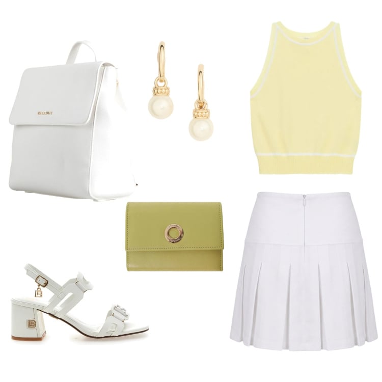 Outfit donna - Raggio di sole. Stile Basic per Tutti i giorni. Abbinamento con zaini, minigonne, top, portafogli, orecchini, sandali col tacco.