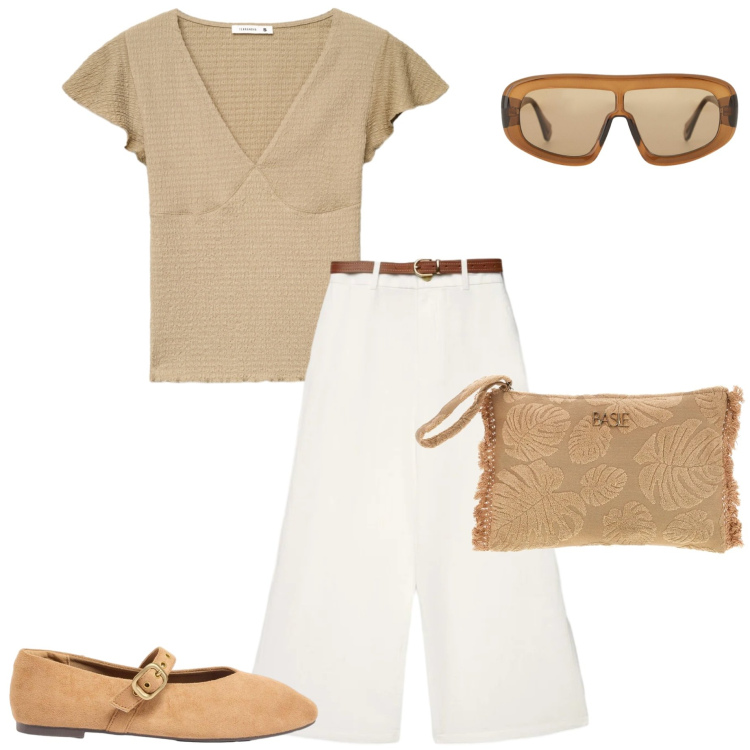 Outfit donna - Giugno. Stile Urban per Tutti i giorni. Abbinamento con ballerine, pantaloni a palazzo, t-shirt, occhiali da sole, pochette.