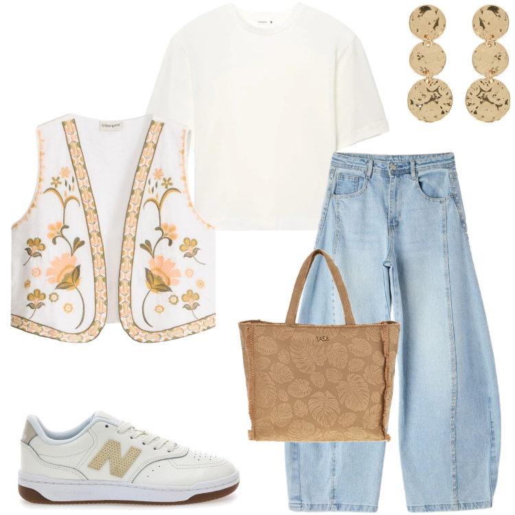 Outfit donna - Serata con amici. Stile Basic per Serata fuori. Abbinamento con gilet, t-shirt, jeans, orecchini, sneakers, shopping bag.
