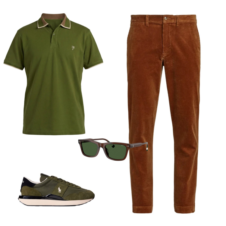 Outfit uomo - Verde Bosco & Ruggine Casual Chic. Stile Casual per Ufficio. Abbinamento con polo, sneakers, occhiali da sole, pantaloni.