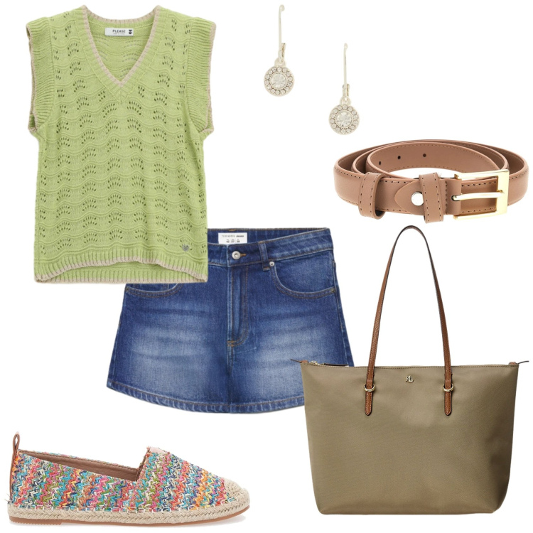 Outfit donna - Minigonna jeans. Stile Casual per Tutti i giorni. Abbinamento con shorts, top, borse tote, orecchini, espadrillas, cinture.