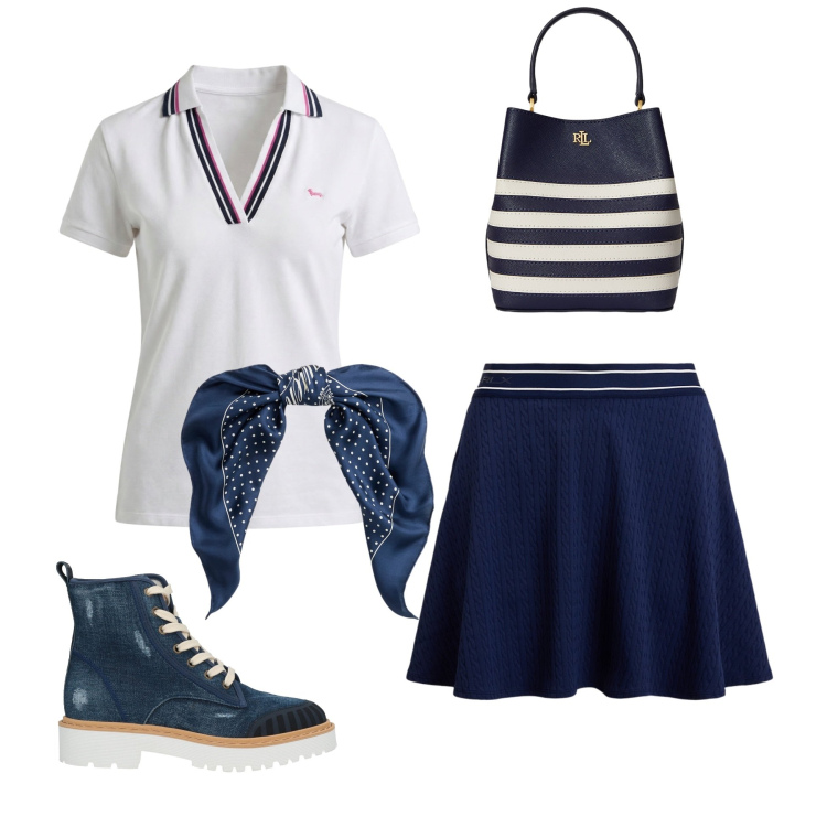 Outfit donna - Navy Chic Marina. Stile Casual chic per Serata fuori. Abbinamento con stivaletti, polo, minigonne, borse a secchiello, foulard.