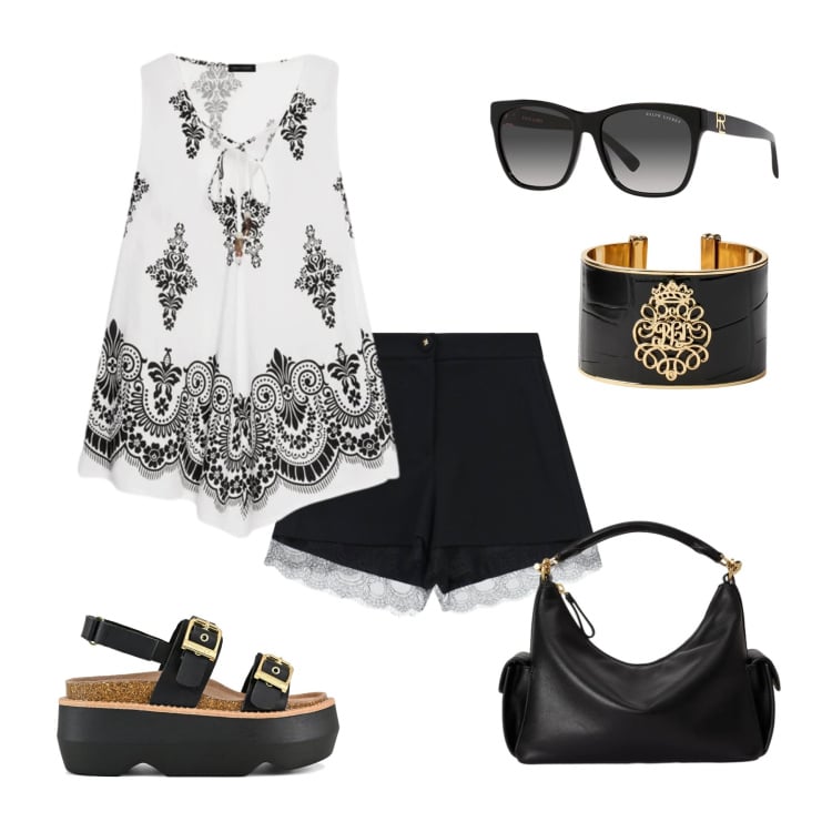 Outfit donna - Black & White Summer Glam. Stile Casual chic per Serata fuori. Abbinamento con shorts, canottiere, occhiali da sole, borse a spalla, braccialetti, sandali col tacco.