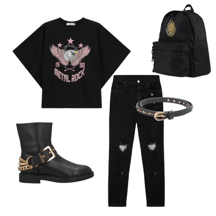 Outfit donna - Rock Rebel Total Black. Stile Rock per Tutti i giorni. Abbinamento con stivaletti, zaini, cinture, t-shirt, jeans skinny.