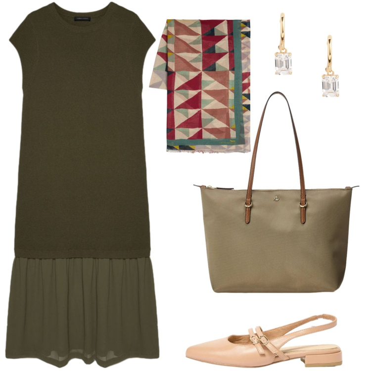 Outfit donna - Il foulard colorato. Stile Casual chic per Ufficio. Abbinamento con ballerine, sciarpe, vestiti lunghi, borse tote, orecchini.