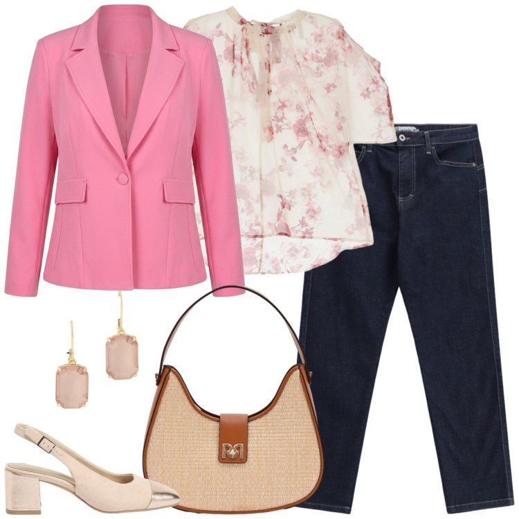 Outfit donna - In ufficio fa\' fresco. Stile Casual chic per Ufficio. Abbinamento con décolleté, borse a spalla, blazer, bluse, jeans slim fit, orecchini.
