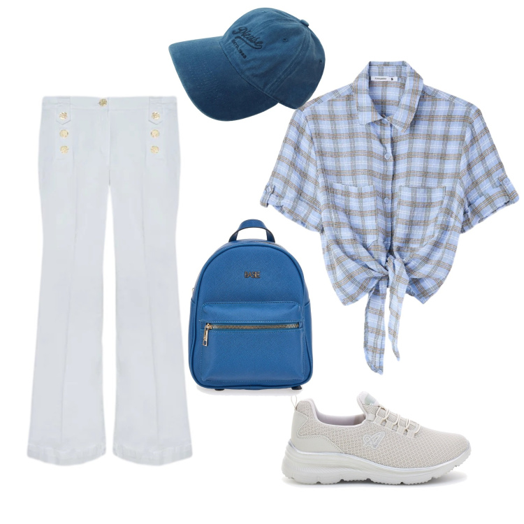 Outfit donna - Sky Blue Weekend. Stile Casual per Tutti i giorni. Abbinamento con camicie a manica corta, cappelli, jeans, zaini, sneakers.