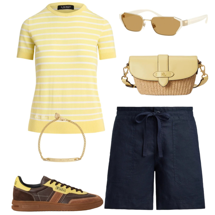 Outfit donna - Solare. Stile Casual per Tutti i giorni. Abbinamento con sneakers, shorts, maglieria, borse a tracolla, braccialetti, occhiali da sole.