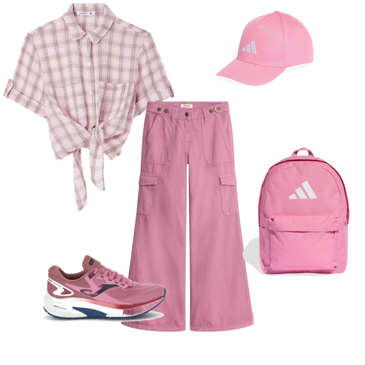 Outfit donna - Pink Energy Casual. Stile Sporty chic per Tutti i giorni. Abbinamento con pantaloni cargo, camicie a manica corta, sneakers, zaini, cappelli con visiera.
