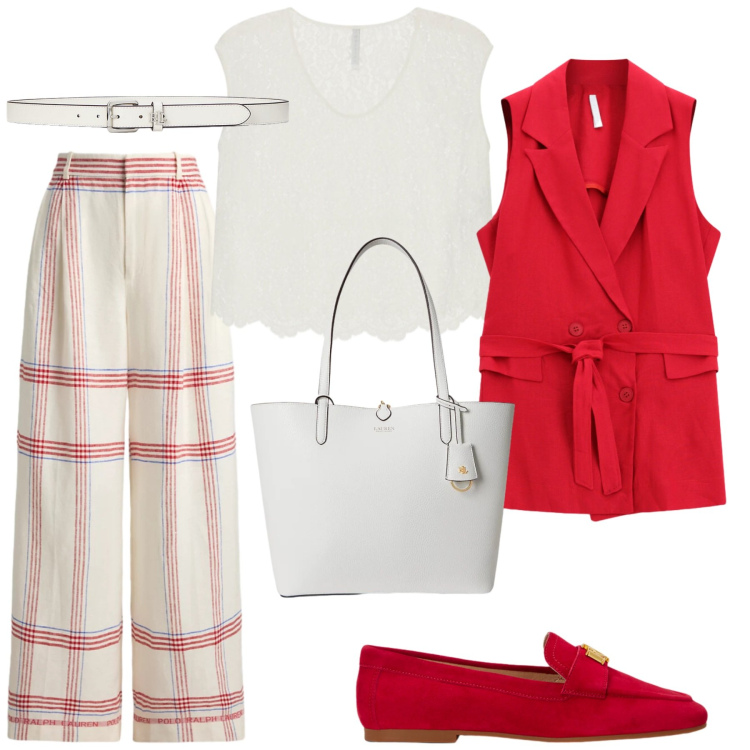 Outfit donna - Total look #2412551. Stile Glamour per Cerimonia. Abbinamento con gilet, top, cinture, mocassini, pantaloni, borse tote.