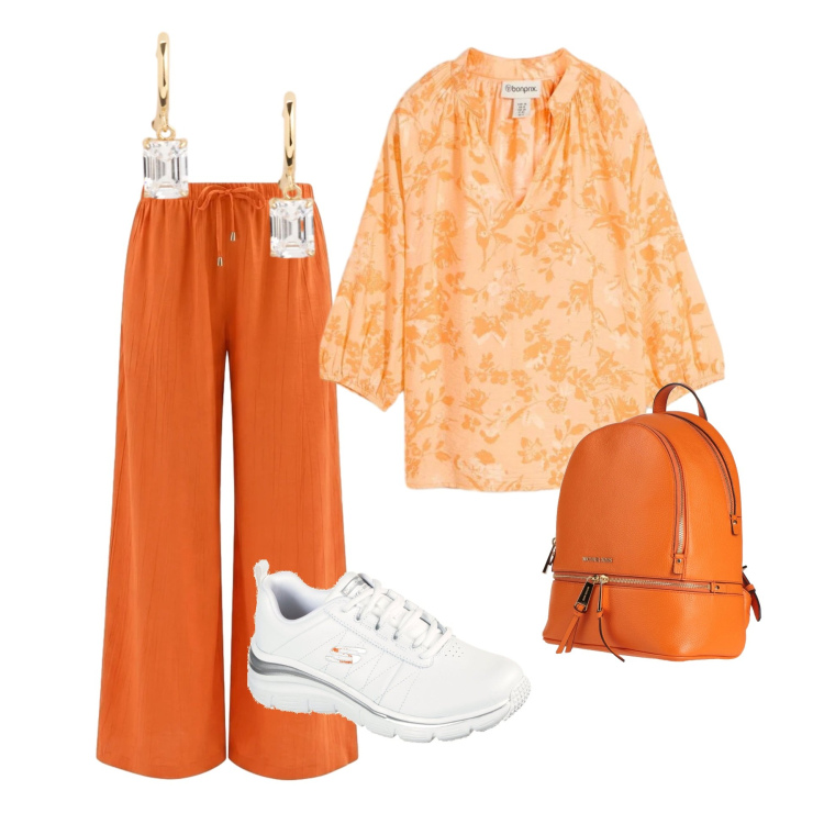 Outfit donna - Sunset Orange Comfort. Stile Casual chic per Tutti i giorni. Abbinamento con zaini, tuniche, pantaloni a palazzo, orecchini, sneakers.