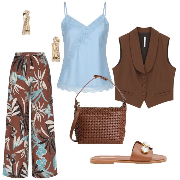 Outfit donna - Total look #2412555. Stile Etnico per Ufficio. Abbinamento con borse a spalla, gilet, pantaloni a palazzo, top, sandali gioiello, orecchini.