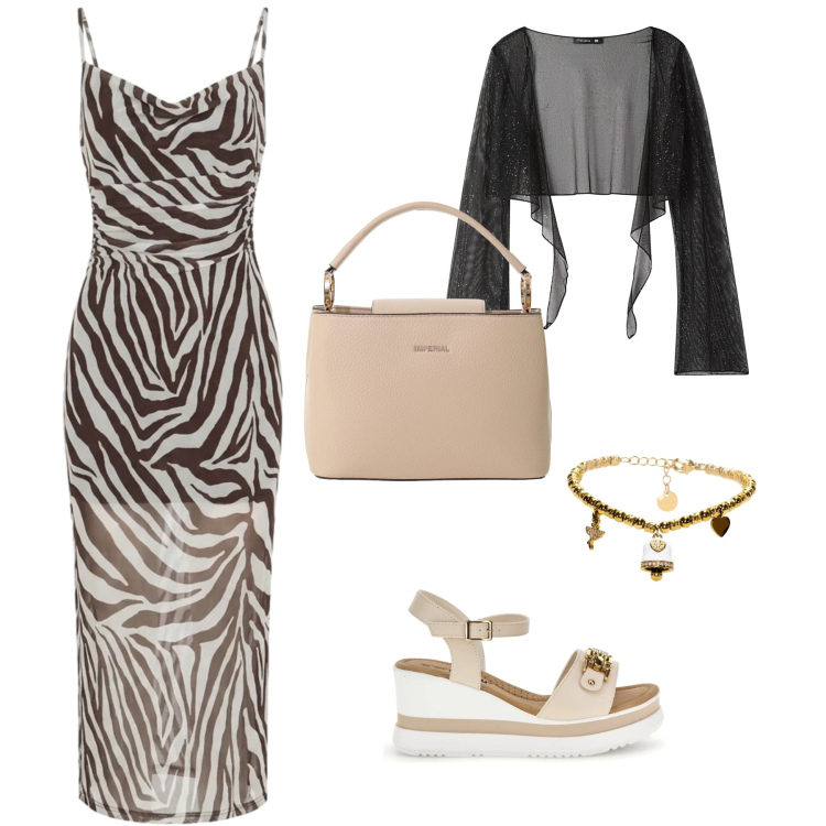 Outfit donna - Safari Glam Elegance. Stile Romantica per Serata fuori. Abbinamento con vestiti lunghi, blazer, borse a secchiello, braccialetti, zeppe.
