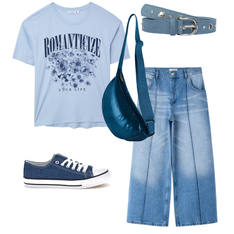 Outfit donna - Denim Sky Casual. Stile Casual per Tutti i giorni. Abbinamento con t-shirt, jeans, cinture, borse a tracolla, sneakers.