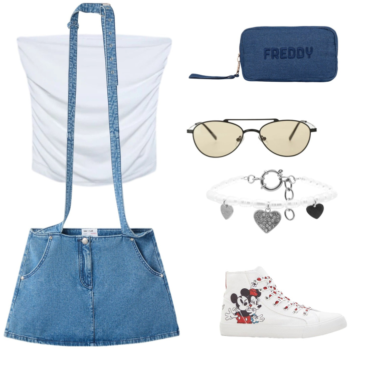 Outfit donna - Denim Pop Summer. Stile Casual per Scuola/Università. Abbinamento con sneakers alte, minigonne, top, occhiali da sole, braccialetti, pochette.