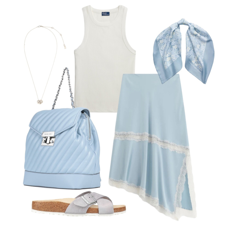 Outfit donna - Giugno. Stile Basic per Tutti i giorni. Abbinamento con zaini, sandali in pelle, gonne longuette, canottiere, foulard, ciondoli.